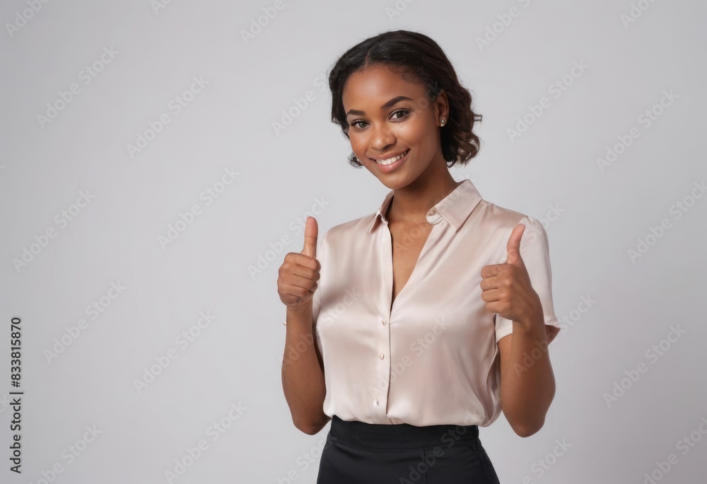 A woman in a business casual outfit giving a thumbs up, her smile and gesture indicating approval and confidence. A woman in a business casual outfit giving a thumbs up, her smile and gesture indicating approval and confidence.
