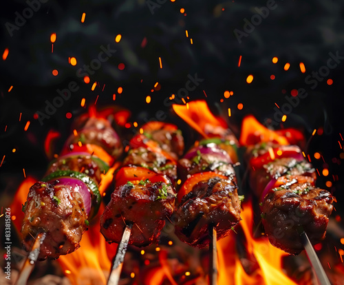 Barbecue skewers meat kebabs with vegetables on flaming grill photo