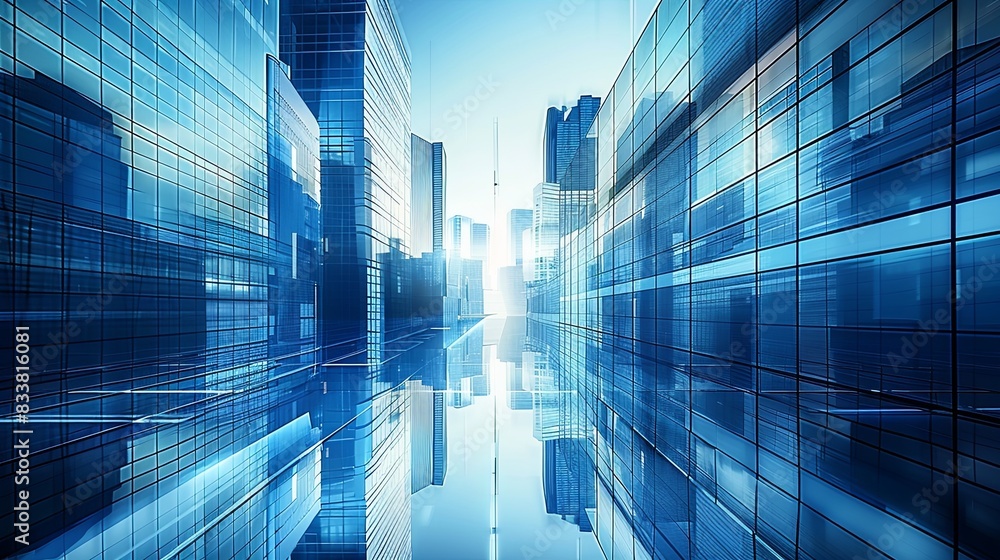 Abstract Cityscape with Glass Buildings and Skyscrapers in Blue Tones, Reflecting Urban Development and Business District. Photorealistic 3D Rendering Highlighting Modern Architecture Abstract Cityscape with Glass Buildings and Skyscrapers in Blue Tones, Reflecting Urban Development and Business District. Photorealistic 3D Rendering Highlighting Modern Architecture