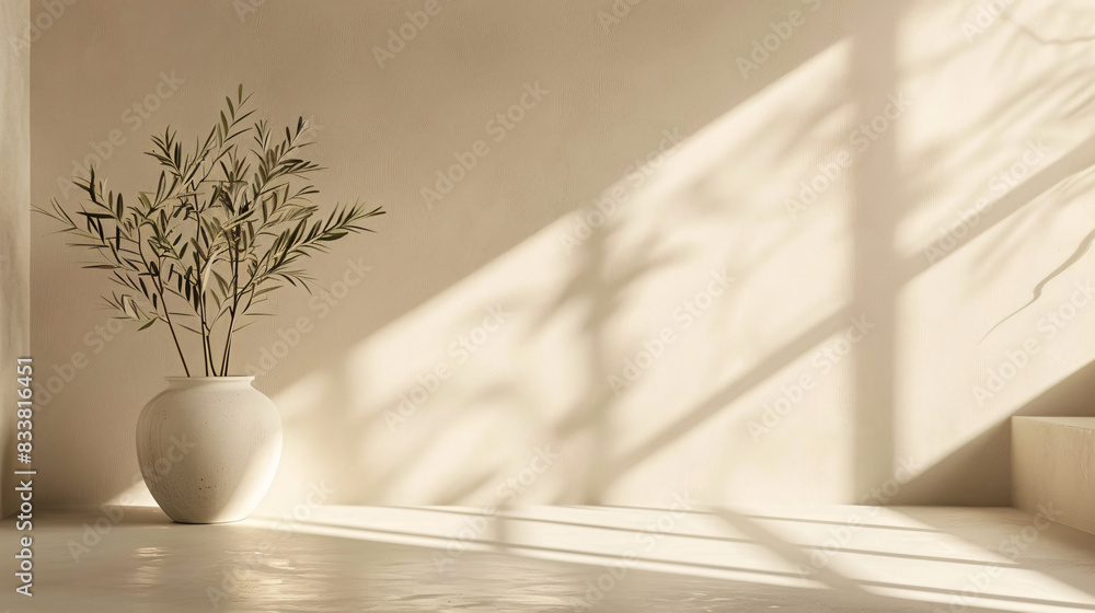 Gentle beige backdrop with complex window and plant shadows, perfect for minimalist product setup Gentle beige backdrop with complex window and plant shadows, perfect for minimalist product setup