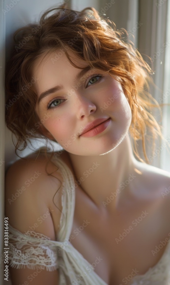 Naklejka premium Bathed in ethereal light, a woman leans towards the camera with a gentle smile, her cheeks aglow with subtle color. The simplicity of the scene highlights her natural, radiant beauty.