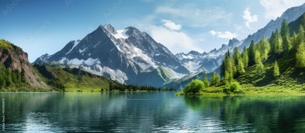 Scenic lake with stunning mountains as a backdrop, providing a serene copy space image.