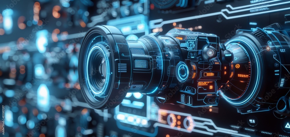Fototapeta premium Illustrate a cutting-edge video camera amidst a futuristic backdrop of innovative icons, rendered in a hyper-realistic digital style