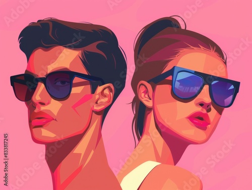 Stylish Young Couple in Sunglasses on Pink Background