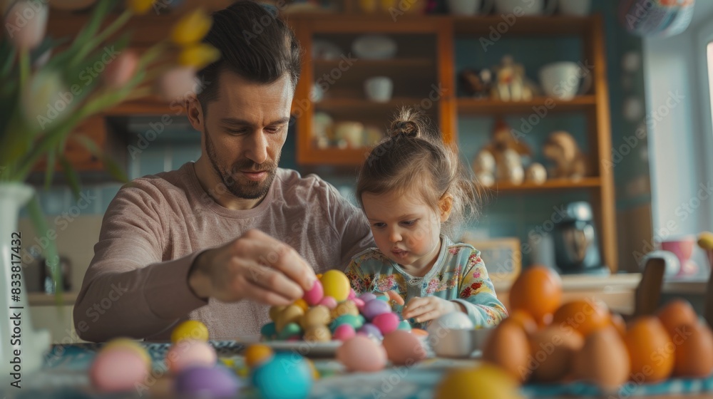 Father and Daughter Enjoying Easter Egg Decorating at Home Father and Daughter Enjoying Easter Egg Decorating at Home