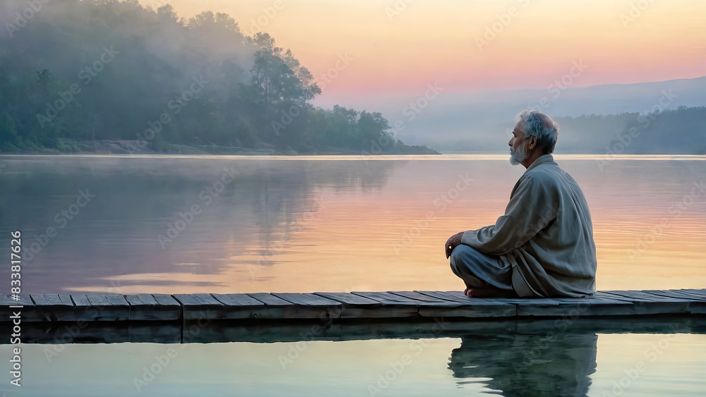 Senior man meditating by a misty peaceful lake near sunrise, calm solitude, spiritual contemplation Senior man meditating by a misty peaceful lake near sunrise, calm solitude, spiritual contemplation