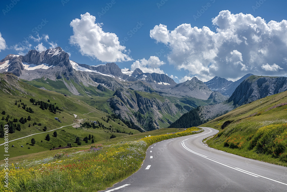 Fototapeta premium Scenic mountain road winding through vibrant green valley. Concept of summer travel and natural beauty