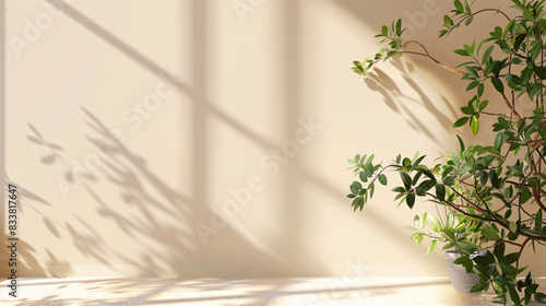 Light beige background with intricate shadows from window and vegetation for product presentation