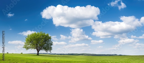 Beautiful landscape with a green field, a tree on the horizon, fluffy clouds, and a blue sky filling the background with vast copy space image.