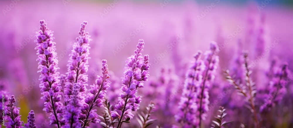 Fototapeta premium Purple heather flowers blooming in a green meadow with a purple background, ideal for copy space image.