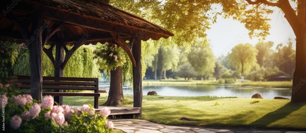 Fototapeta premium Scenic park landscape with charming wooden structures and antique furniture for relaxation, set against a beautiful background with copy space image.