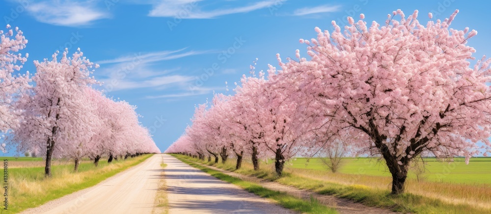 A scenic view of a road lined with blooming spring trees under a clear blue sky, ideal for a copy space image. A scenic view of a road lined with blooming spring trees under a clear blue sky, ideal for a copy space image.