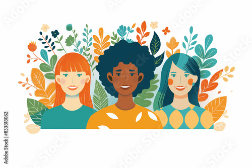 illustration depicting diversity, different color skin smiling together