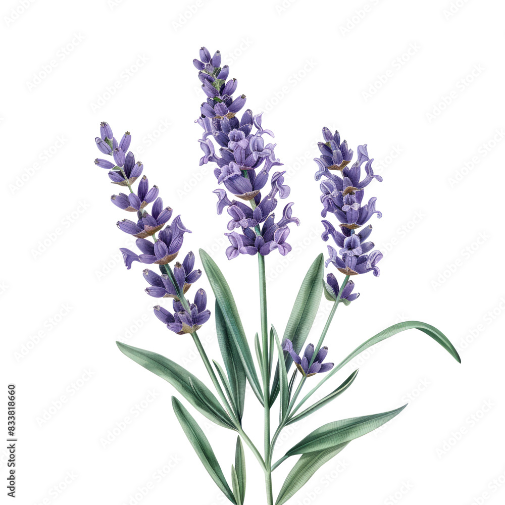 Obraz premium Lavender flowers isolated on white background with a bunch of purple blooms, representing nature and springtime beauty