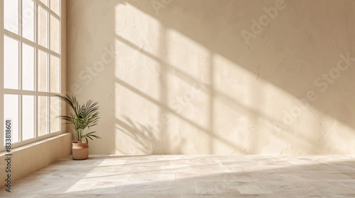 Minimalist light beige wall with elegant shadow from window, ideal background for product display