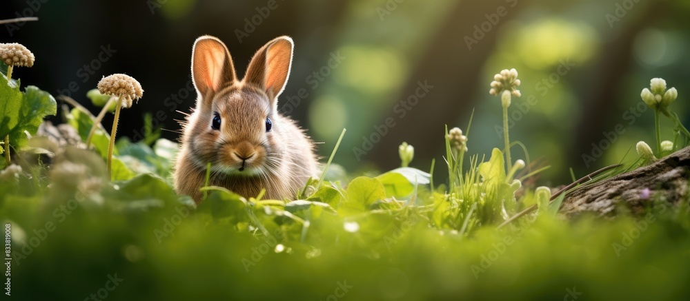 A brown bunny relaxing in the lush meadow with copy space image. A brown bunny relaxing in the lush meadow with copy space image.