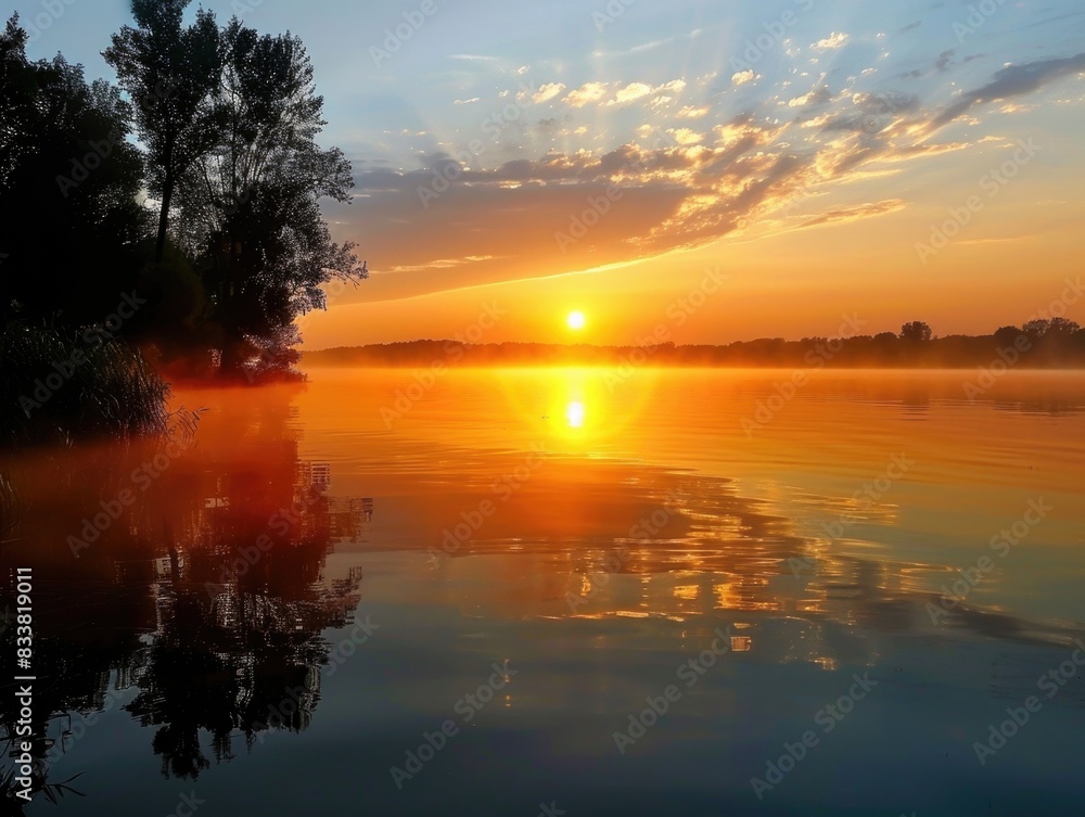 Breathtaking Sunset over Serene Lake with Reflective Waters