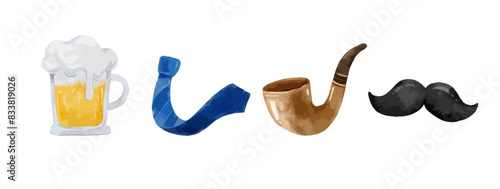 Fathers Day Watercolor Vector Set, Beer Glass, Necktie, Smoking Pipe, Mustache isolated on white background