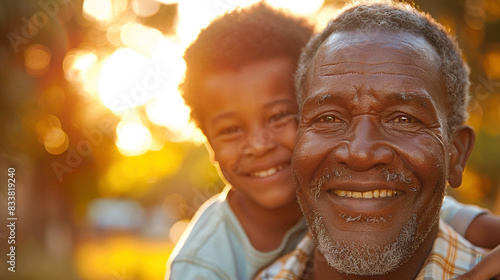 Grandfather and Grandson Smiling Together Outdoors © swissa