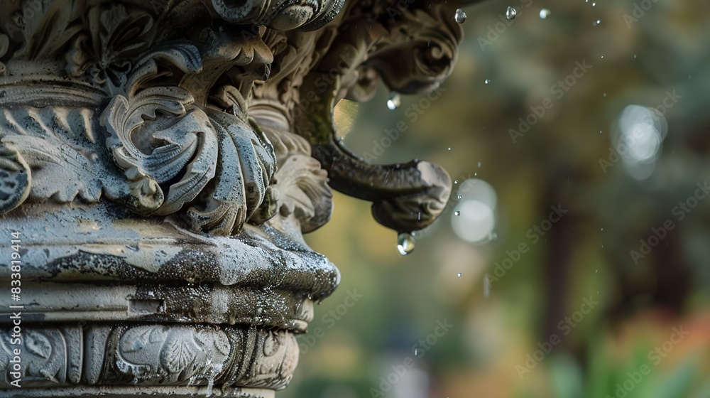 Close-up of a weathered stone fountain in a public park, detailed carvings, morning dew. Close-up of a weathered stone fountain in a public park, detailed carvings, morning dew.