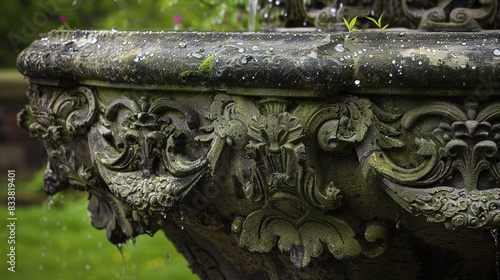 Close-up of a weathered stone fountain in a public park, detailed carvings, morning dew.