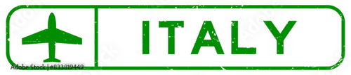 Grunge green italy word with plane icon square rubber seal stamp on white background