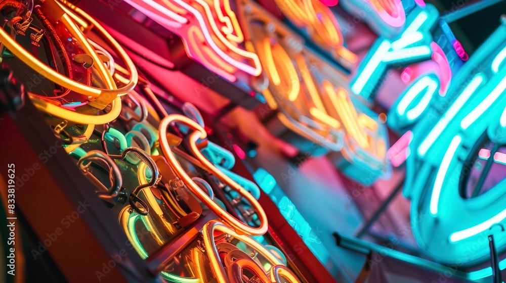 Close view of a neon sign in a public market, vibrant colors, intricate lettering details. Close view of a neon sign in a public market, vibrant colors, intricate lettering details.