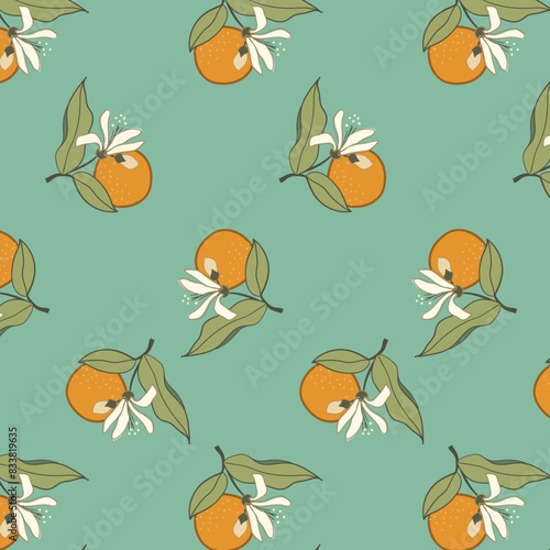 Seamless pattern of orange fruit and flowers on turquoise background. Simple summer print of ripe citruses grid.