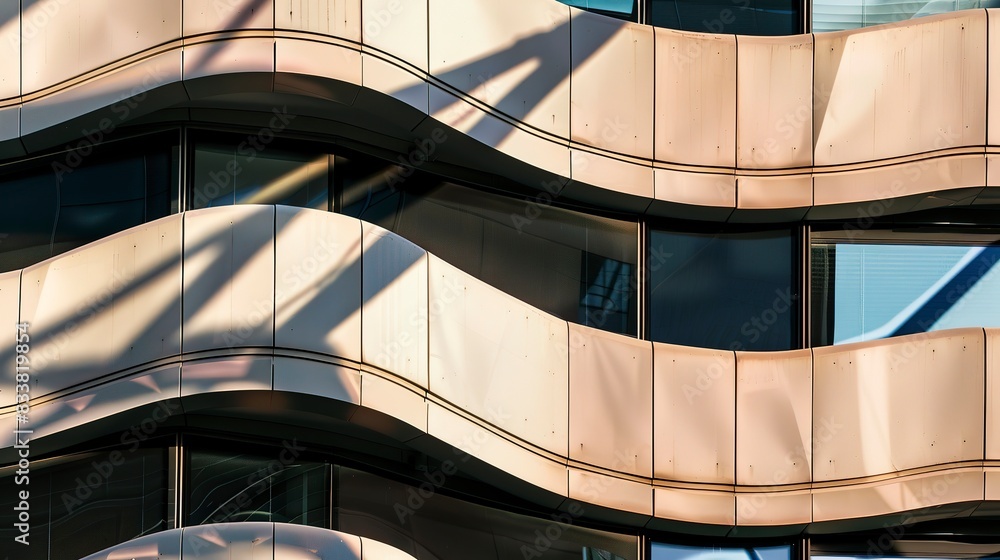 Obraz premium Close-up of a building with an abstract, wavy facade, dynamic shadows in bright sunlight. 