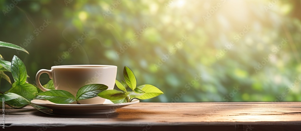 A tea cup on a rustic wooden table with a background of green leaves and soft morning sunlight creates a soothing atmosphere, evoking a fresh and tranquil ambiance; suitable for a copy space image. A tea cup on a rustic wooden table with a background of green leaves and soft morning sunlight creates a soothing atmosphere, evoking a fresh and tranquil ambiance; suitable for a copy space image.