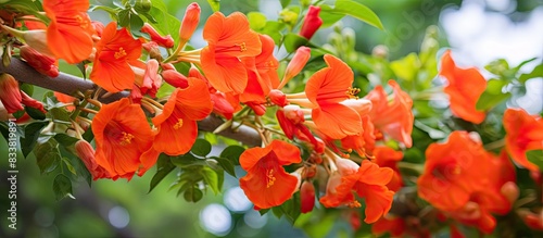 Campsis or Campsis grandiflora, also known as the Chinese trumpet vine, is a plant with vibrant flowers in orange and red hues, ideal for climbing structures. . with copy space image