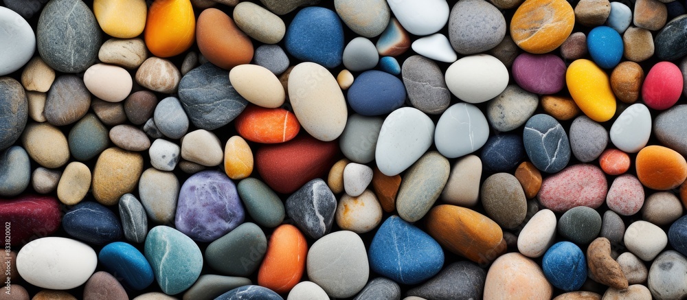 Top view of colorful pebbles on the sandy beach with a textured finish, creating an eye-catching copy space image. Top view of colorful pebbles on the sandy beach with a textured finish, creating an eye-catching copy space image.