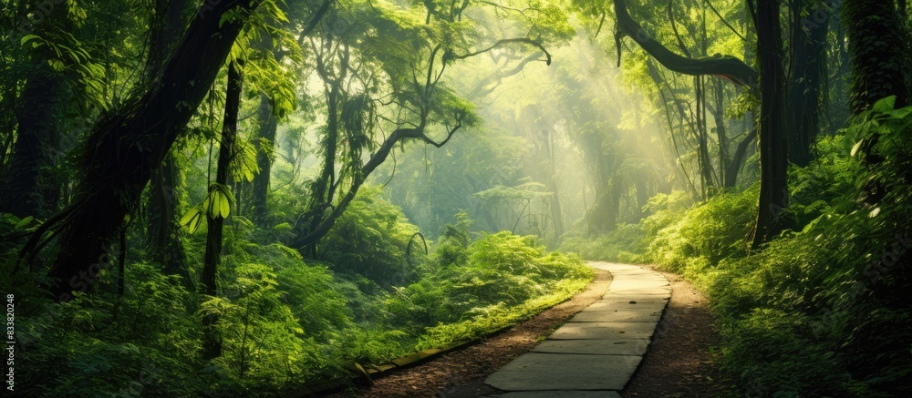Scenic path through a lush, verdant forest with copy space image.