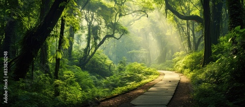 Scenic path through a lush  verdant forest with copy space image.