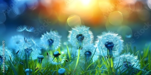 Dainty dandelion flowers swaying gracefully in a meadow at sunset. Concept Nature, Flowers, Meadow, Sunset, Dandelion photo