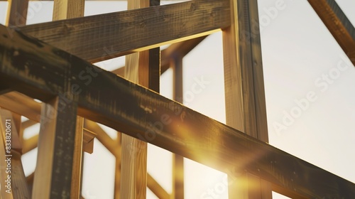 Close-up on a wooden framework for a new residential home, detailed carpentry under morning light. 