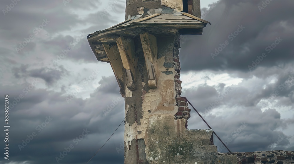 Detailed view of an abandoned lighthouse, cracked stucco and eroded stone at seaside, stormy weather. 