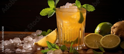 A detailed close up of a popular Indian summer beverage, Jaggery Shrabat, featuring ingredients like lemon, ginger juice, sweet basil, mint leaves, and Jaggery, with copy space image. photo