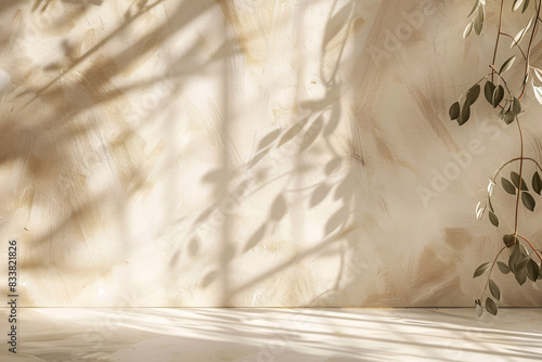 Simple abstract beige backdrop, beautiful light and shadow on wall, perfect for showcasing products