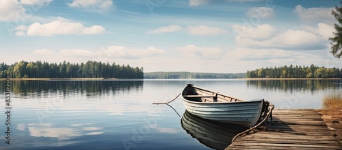Fototapeta Naklejka Na Ścianę i Meble -  A boat rests on a wooden dock by a serene Swedish lake with copy space image available.