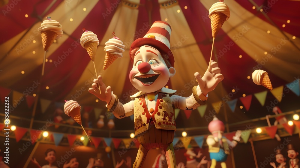 Naklejka premium A whimsical 3D cartoon depiction of a character juggling multiple ice cream cones, set in a circus tent with an audience clapping in the background