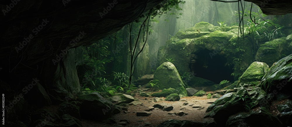 A secluded cave nestled in the forest with ample copy space image available. A secluded cave nestled in the forest with ample copy space image available.
