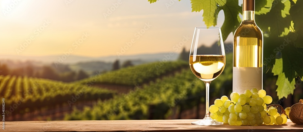 Fototapeta premium A sommelier pours white dessert wine into a glass outdoors, against a backdrop of vineyards on a wooden table with green grapes, in a scene featuring copy space images.