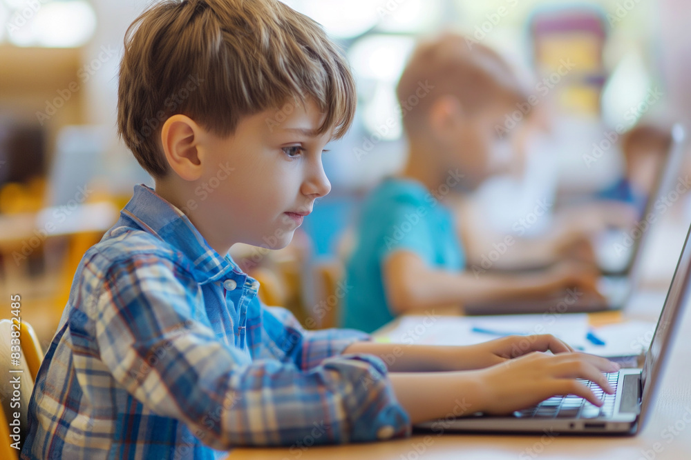 Young Boy Using Laptop in Classroom Young Boy Using Laptop in Classroom