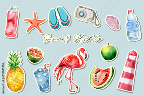 Watercolor set of summertime stickers. Summer clipart. Tropical stickers set.