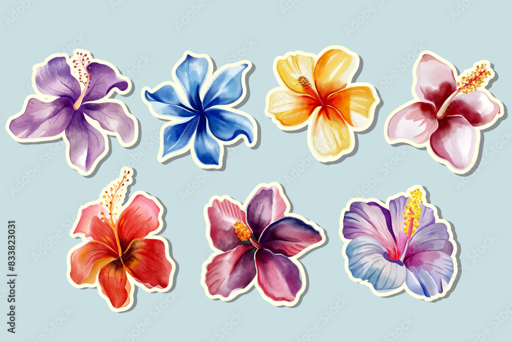 Obraz premium Watercolor stickers tropical flowers. Floral stickers. Set of exotic flowers. Tropical collection