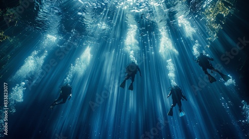 scuba divers swimming under the surface of the water