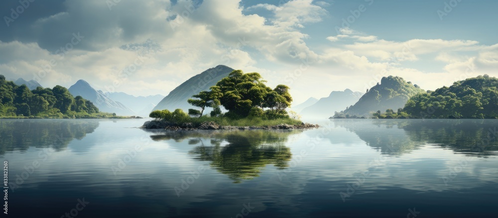 Obraz premium Scenic island in a tranquil lake with a tranquil setting and copy space image.
