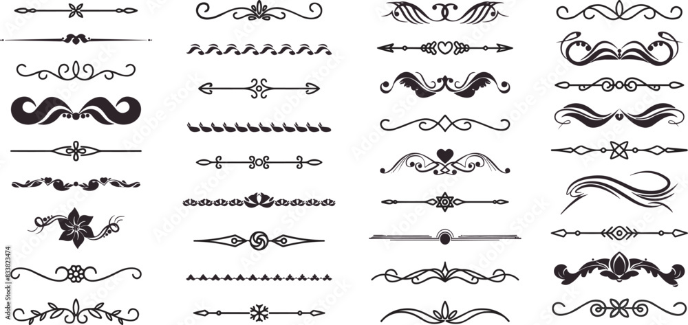 Line dividers. Decorative swirl text separators, vintage divider. Victorian flourishes line calligraphic swirly filigree decoration editable stroke vector set	