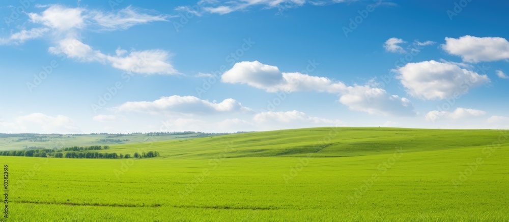 Lush green field under a clear blue sky with ample copy space image.